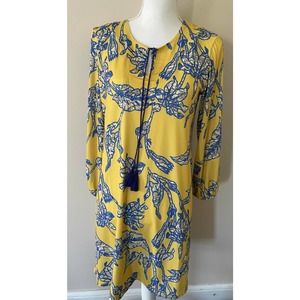 Am By Amelia Women's A-Line Dress Size M Yellow Blue Floral Keyhole Neck